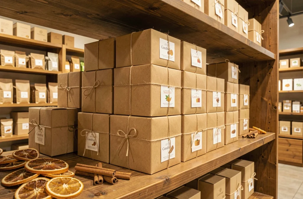 Présentoir de coffrets cadeaux gourmands Comfruit empilés sur une étagère en bois dans une boutique de cadeaux d'entreprise
