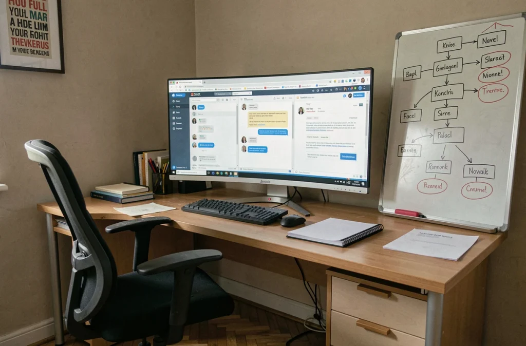 Bureau de télétravail vide avec organigramme et tâches non accomplies, symbole du principe de Peter dans les organisations modernes