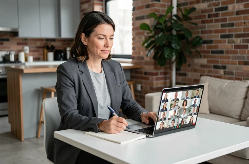 Femme cadre en réunion virtuelle depuis son domicile, questionnant l'efficacité du management à distance et le syndrome de Peter