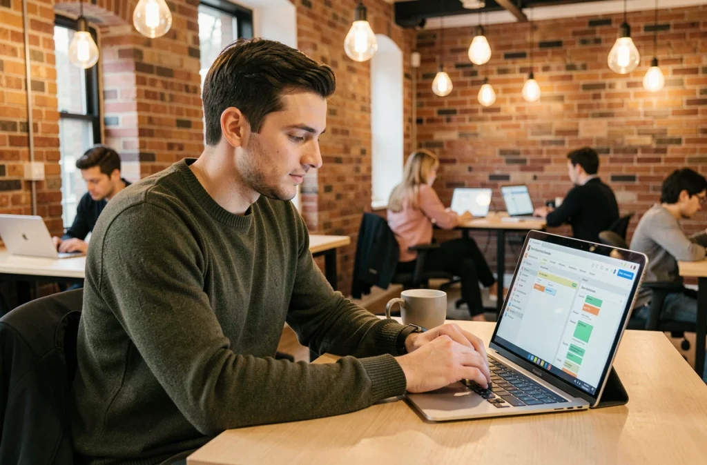 Jeune professionnel en espace de coworking utilisant un logiciel de gestion de projet sur laptop et tablette