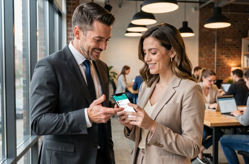 Deux professionnels partageant des opportunités d'emploi via une application de réseau social dans un espace de coworking moderne