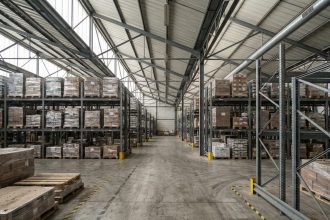 Allée centrale d'un entrepôt logistique en Occitanie avec des racks à palettes métalliques chargés sur trois niveaux, marquages de sécurité au sol visibles