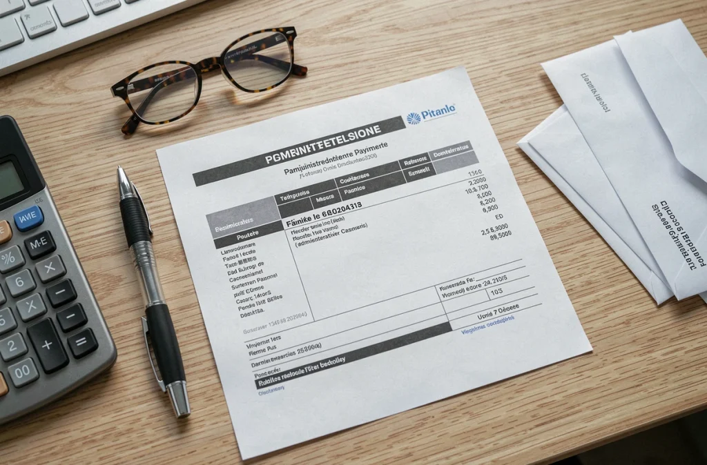 Vue aérienne d'un relevé bancaire français avec un paiement imprimerie nationale entouré de papeterie administrative