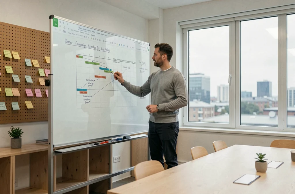 Homme en réunion reportant des jalons de campagne marketing sur un tableau Excel affiché à l'écran