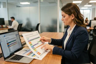 Femme professionnelle analysant un rétroplanning Excel de campagne marketing sur son bureau en open space