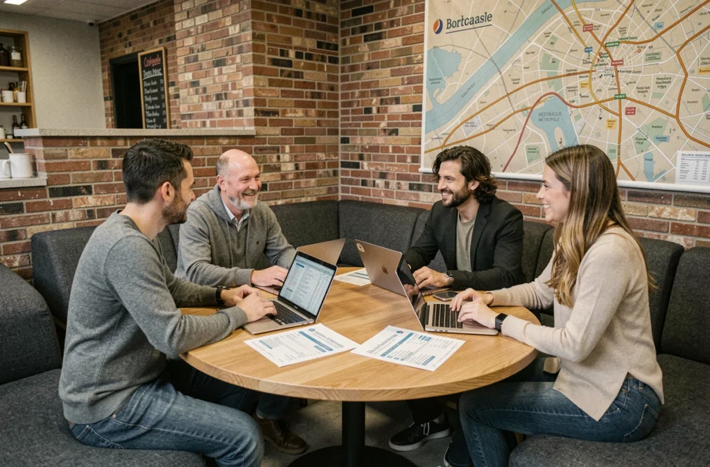 Réunion informelle dans un espace de coworking à Mérignac avec comparaison des tarifs et services autour d'une table ronde en bois