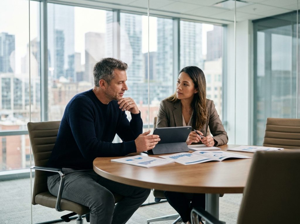 Entrepreneur et consultant en réunion discutant de la stratégie d'externalisation des encaissements autour d'une table de travail avec des rapports financiers