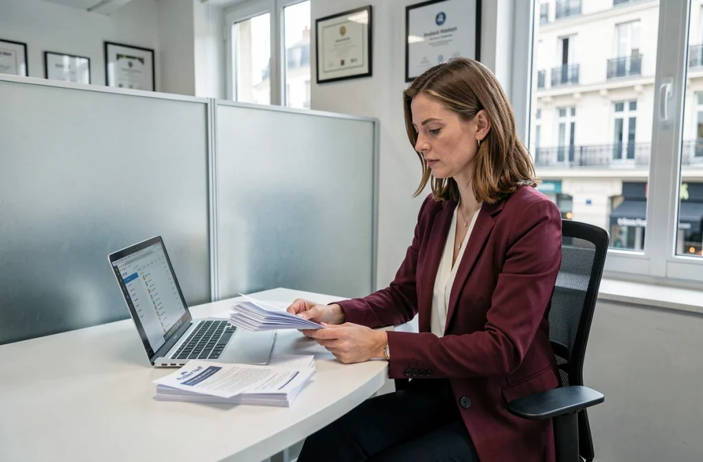Spécialiste en recrutement Robert Half analysant des candidatures dans un bureau parisien épuré