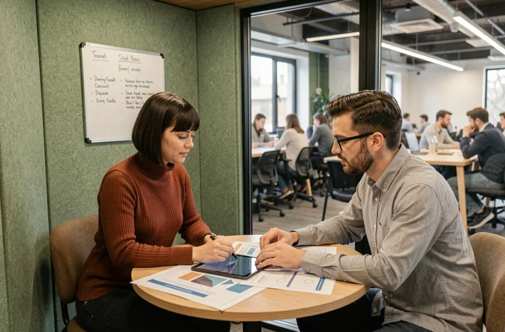Deux collègues en réunion dans un espace privatif d'un coworking à Carcassonne