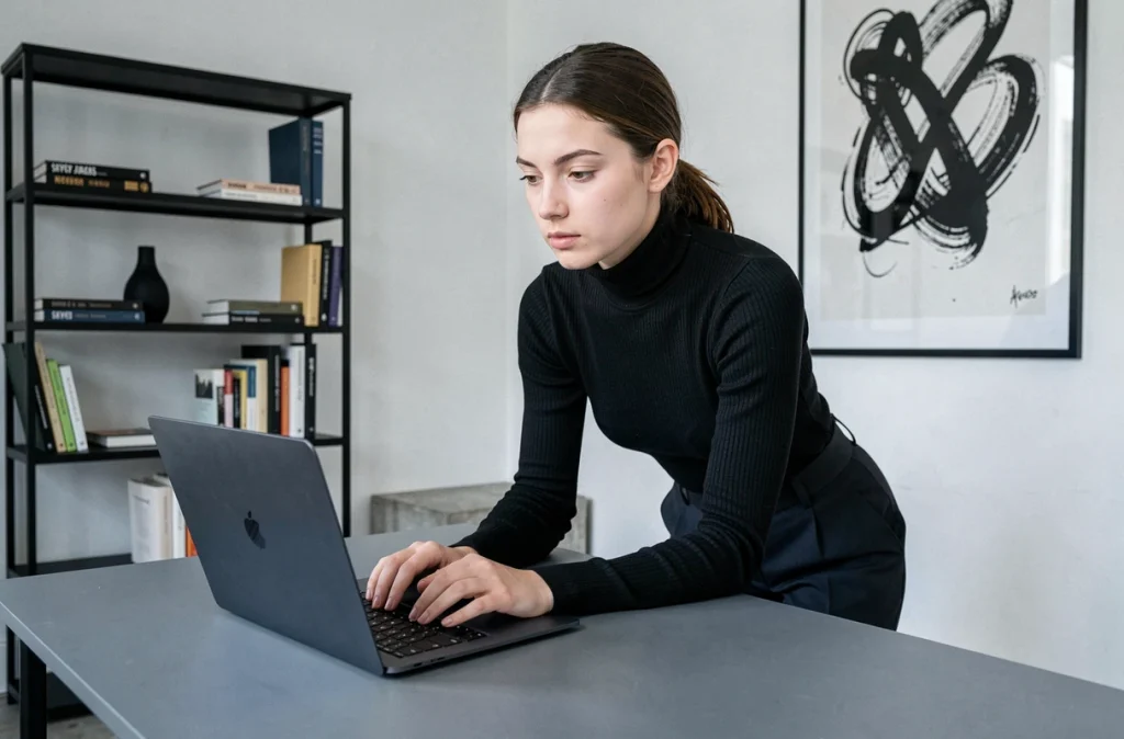 Chasseuse de têtes du cabinet Seyos en entretien vidéo dans un espace de travail design parisien