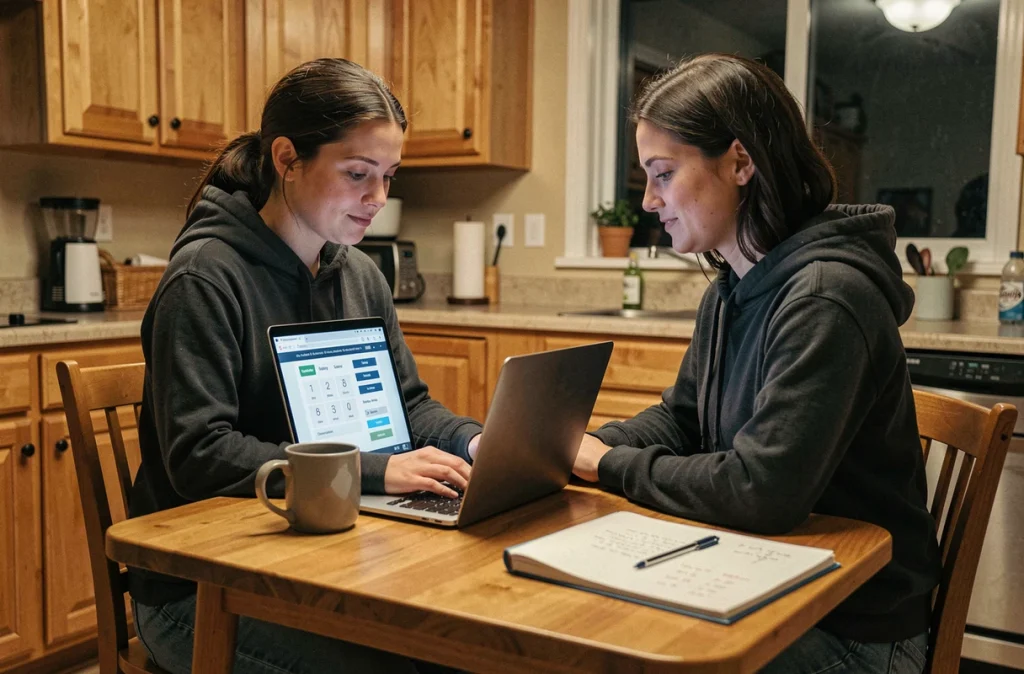 Femme utilisant un simulateur de salaire en ligne la nuit pour calculer sa rémunération des heures de nuit
