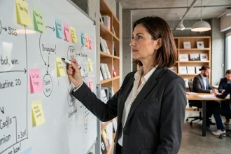 Stratège de marque devant un tableau blanc avec des schémas de stratégie Dekortikon dans un bureau moderne