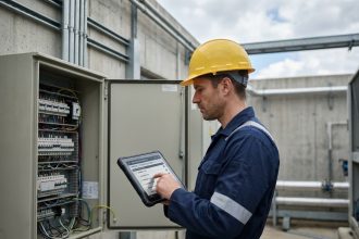Technicien de terrain consultant un outil de suivi d'interventions sur tablette devant un tableau électrique industriel