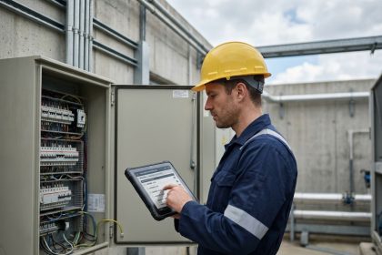 Technicien de terrain consultant un outil de suivi d'interventions sur tablette devant un tableau électrique industriel