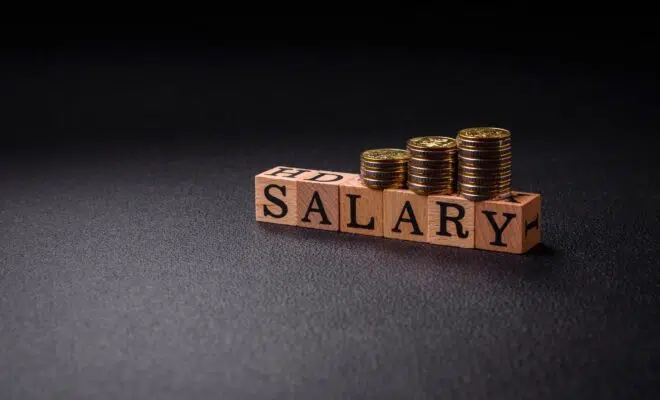 The inscription Salary made of wooden cubes on a plain background