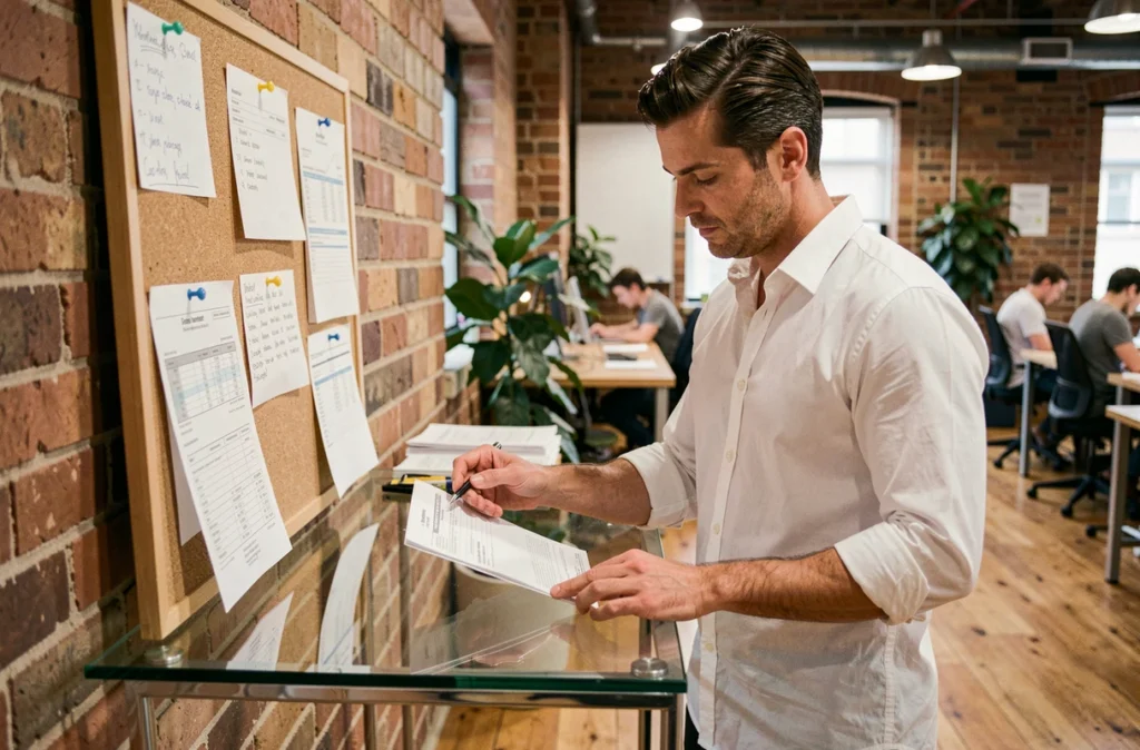 Travailleur indépendant en portage salarial consultant ses notes fiscales dans un espace de coworking moderne
