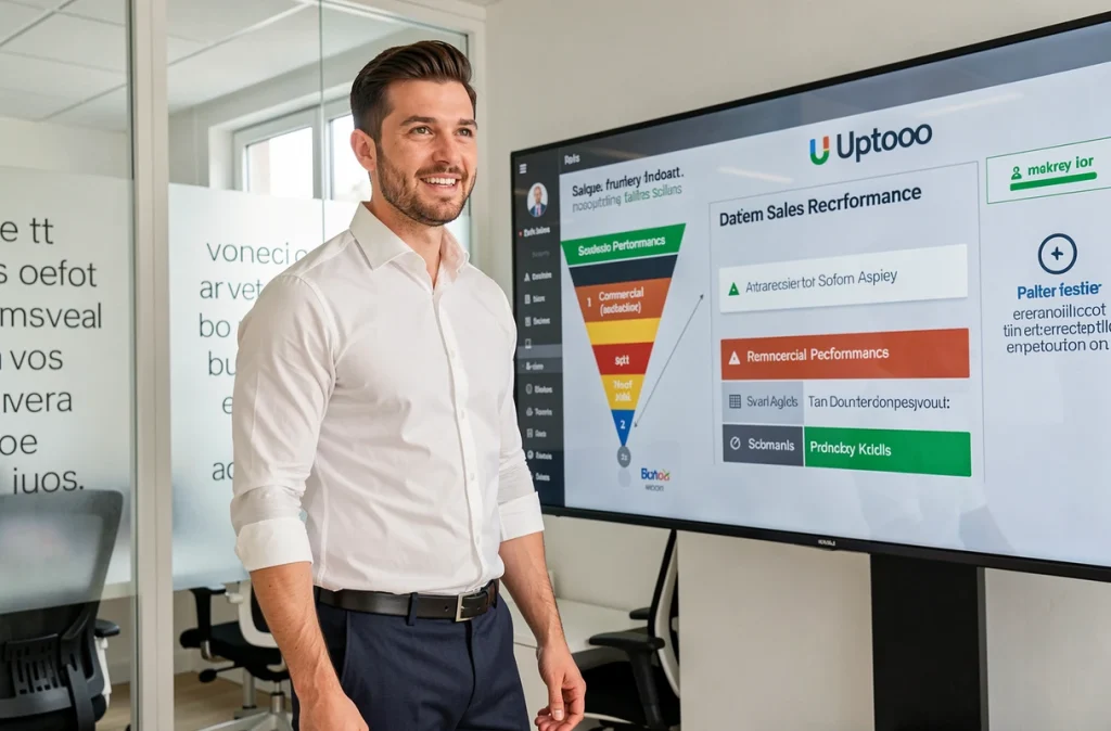 Spécialiste en recrutement commercial Uptoo présentant un outil de sélection de candidats à Paris